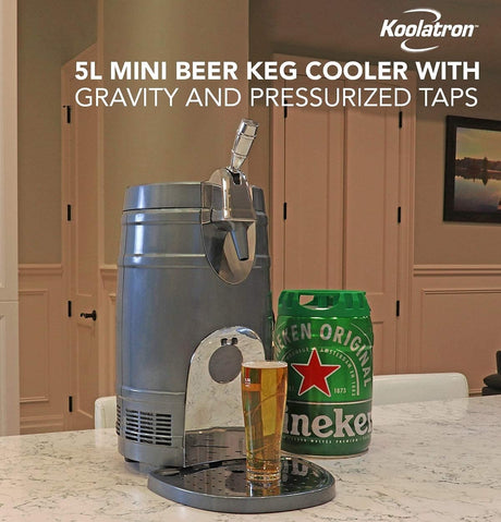Koolatron 5L Mini Beer Keg Cooler with Dual Taps for Gravity or Pressurized Top Dispensing Kegs, Includes 12V DC and 110V AC Koolatron