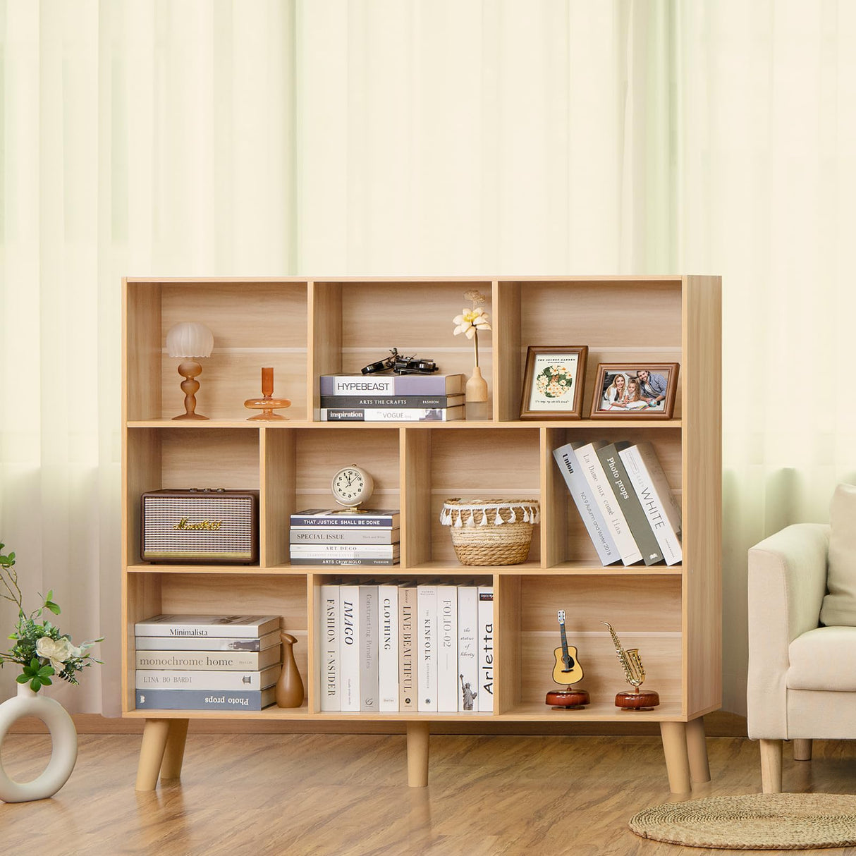 Modern 10 Cube Bookshelf with Legs - Versatile Mid-Century Wood Storage Solution for Bedroom, Living Room, and Office LEYAOYAO