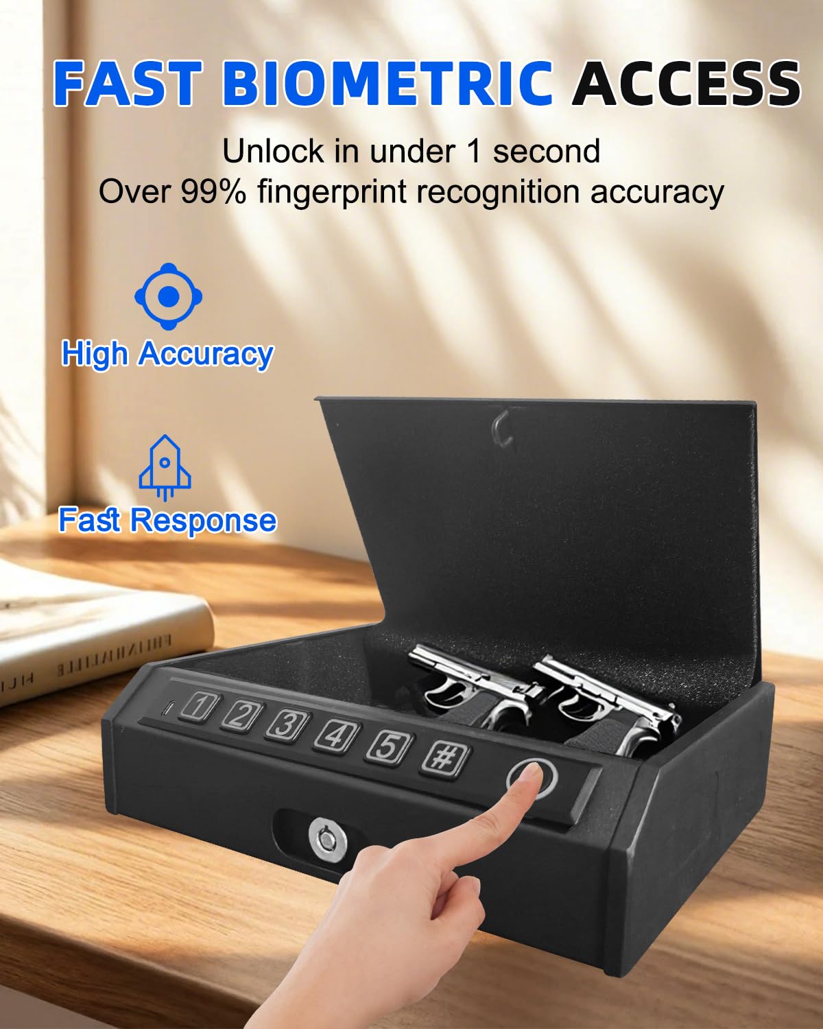 ZCF Mate Gun Safe for Handgun – Upgraded 0.1 Seconds Quick Access Pistol Safe with Fingerprint, Keypad & Backup Key, Silent Mode, Portable Firearm Lock Box for Bedside, Nightstand, Car, Home ZCF mate