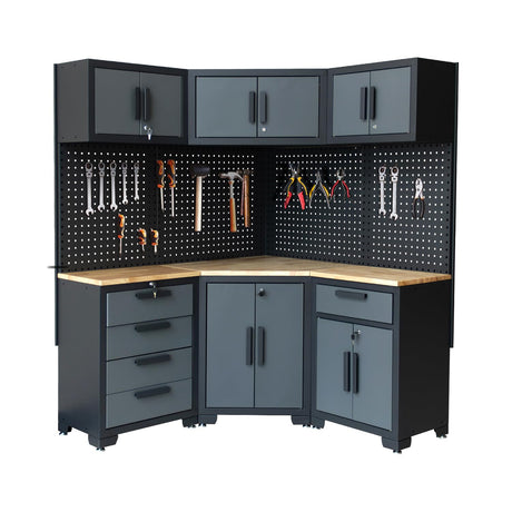 HPDMC Corner Workshop Set - Garage Cabinets and Storage System with Corner Cabinet, Cabinet Drawers, Workbench, Pegboard for Tool Organization - Black and Grey HPDMC