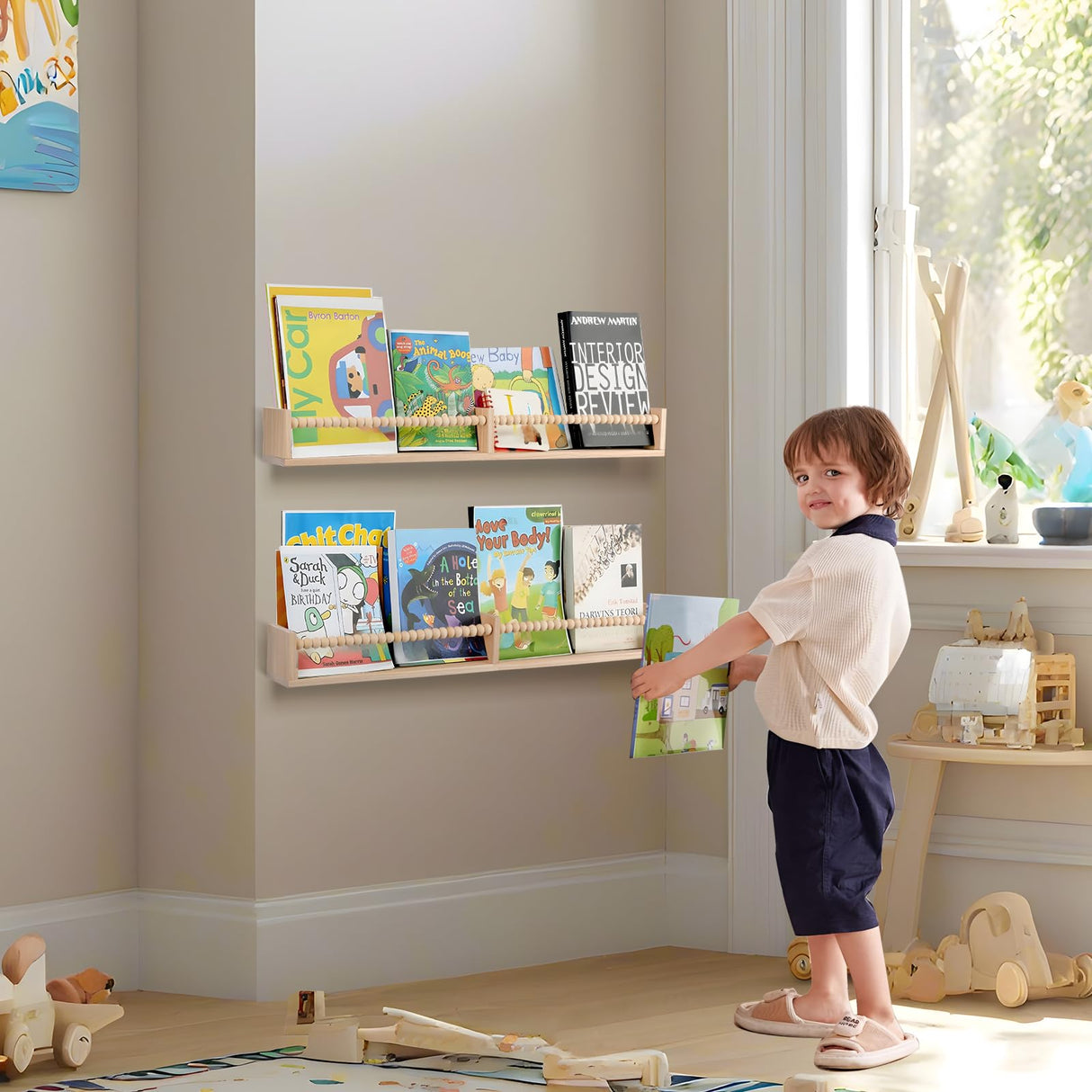 TUEGEGNS Nursery Book Shelves Wall Mounted Set of 2, 32 inches Wooden Floating Wall Bookshelves for Kids,Nursery Shelves for Bookshelf Wall,Kids Bookshelf for Kids Room, Bedroom and Study Room TUEGEGNS