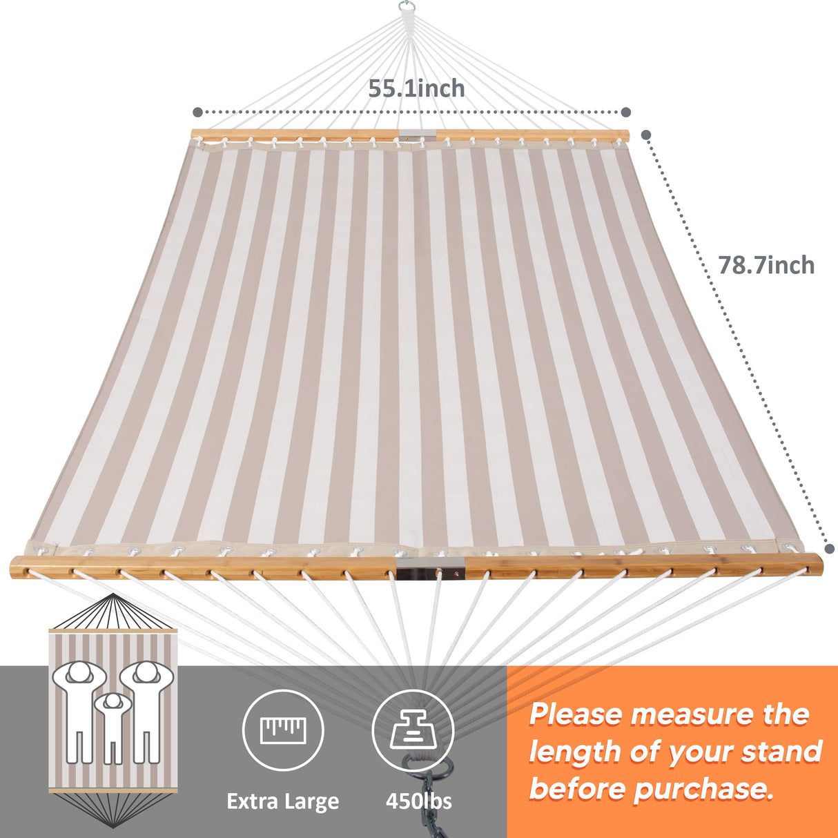 SUNCREAT Hammocks 14 FT Quick Dry Hammock Double Size with Spreader Bar, 2 Person Hammock for Outdoor Patio Yard Poolside, 450 lbs Capacity, Light Gray Stripes SUNCREAT