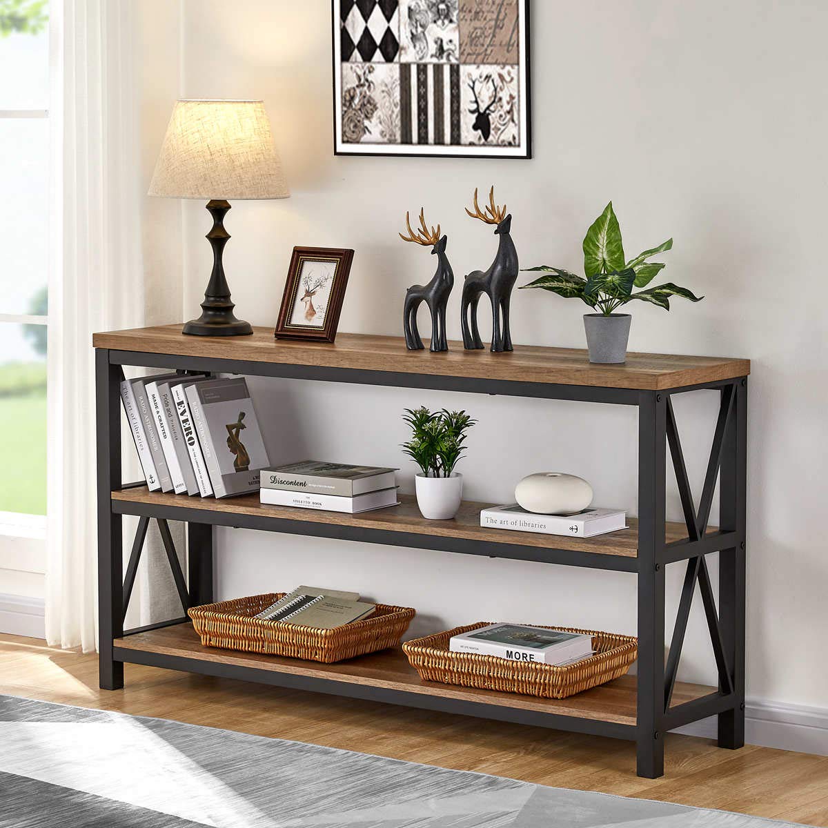 FATORRI Rustic Oak Industrial Console Table with 3-Tier Shelves for Entryway and Living Room FATORRI