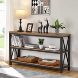 FATORRI Rustic Oak Industrial Console Table with 3-Tier Shelves for Entryway and Living Room FATORRI