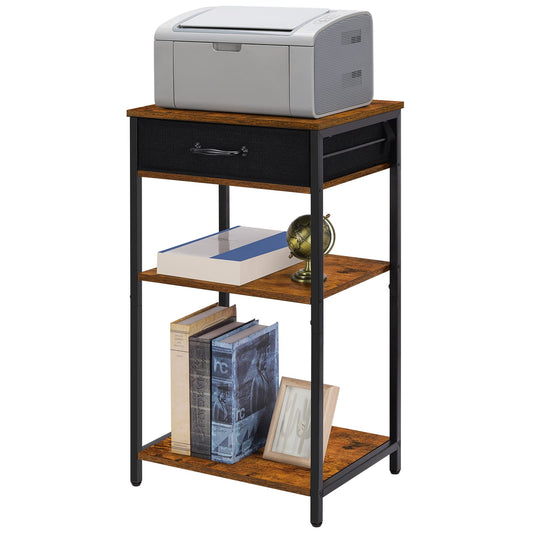 ETELI Printer Stand 3 Tier Home Office Printer Table with Storage Drawer Fabric Small Wood Printer Desk Shelf Industrial Table Stand for Printer Fax Machine Scanner, Brown&Black