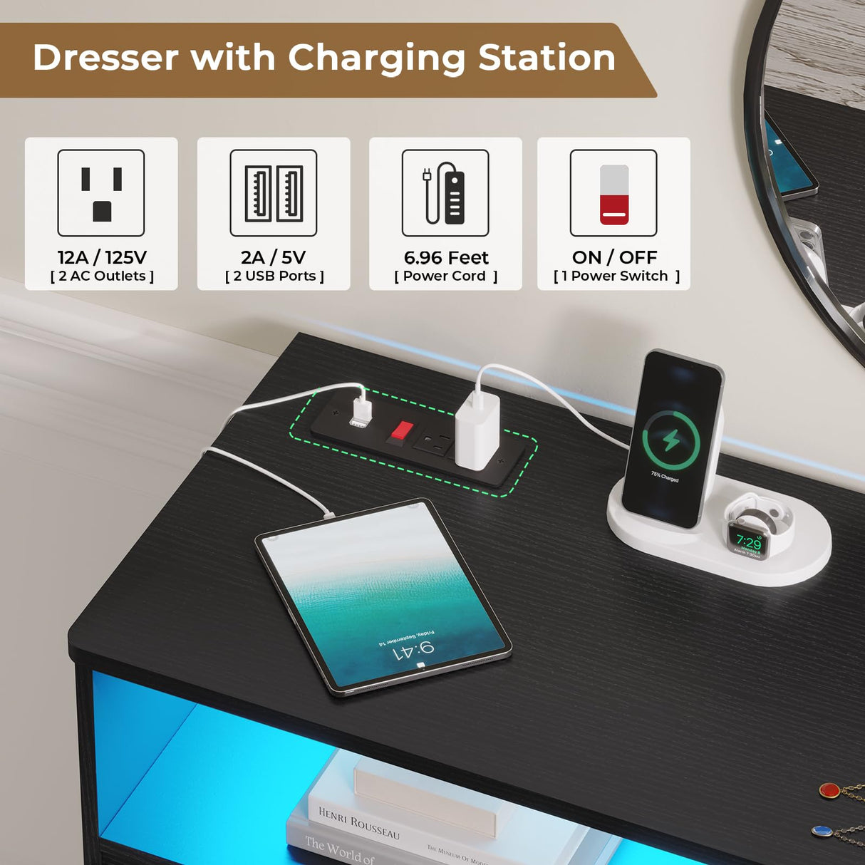 Hasuit Black Dresser for Bedroom with LED Lights and Charging Station, 51.2" Long Dresser Chest of Drawers with Large Drawers and Open Space, Modern 6 Drawer Dresser for Bedroom, Living Room, Entryway Hasuit