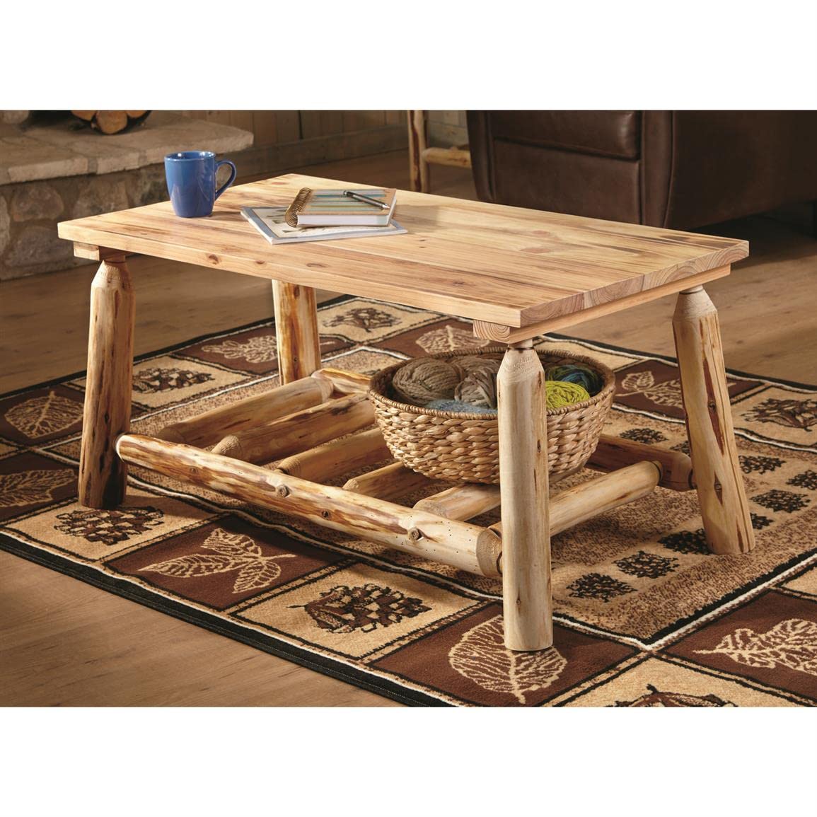 CASTLECREEK Log Coffee Table, Rustic Natural Weathered Look Wooden Rectangular Center Tables for Living Room CASTLECREEK