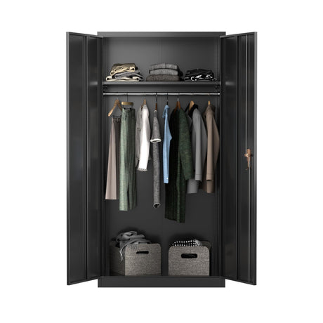 Aobabo Large Metal Wardrobe Style Storage Cabinet with Adjustable Shelf, Cloth Rail, and Lockable Doors for Home Organization, Black Aobabo