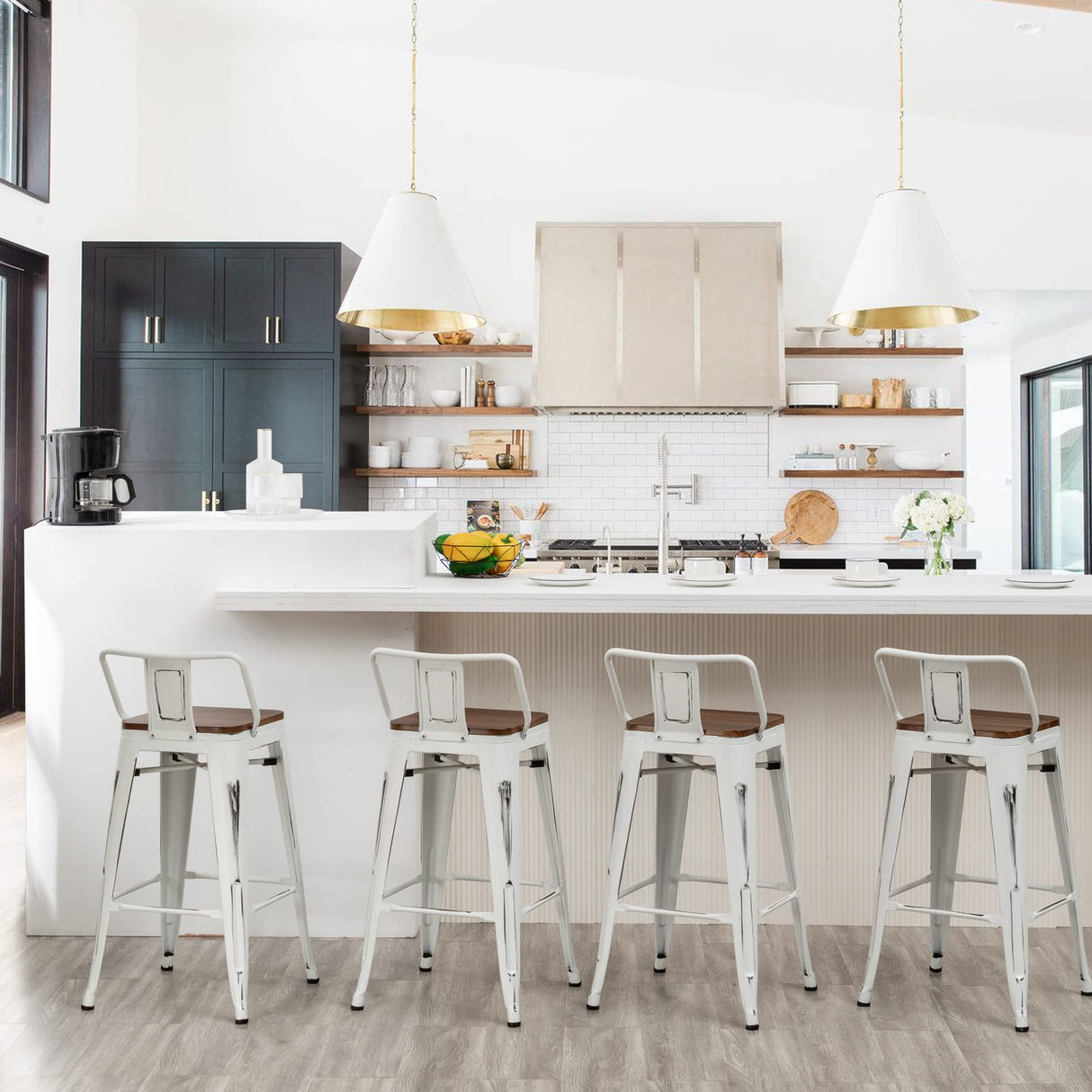 Andeworld Bar Stools Set of 4 Counter Height Stools Industrial Metal Barstools with Wooden Seats(24 Inch, Distressed White) Andeworld