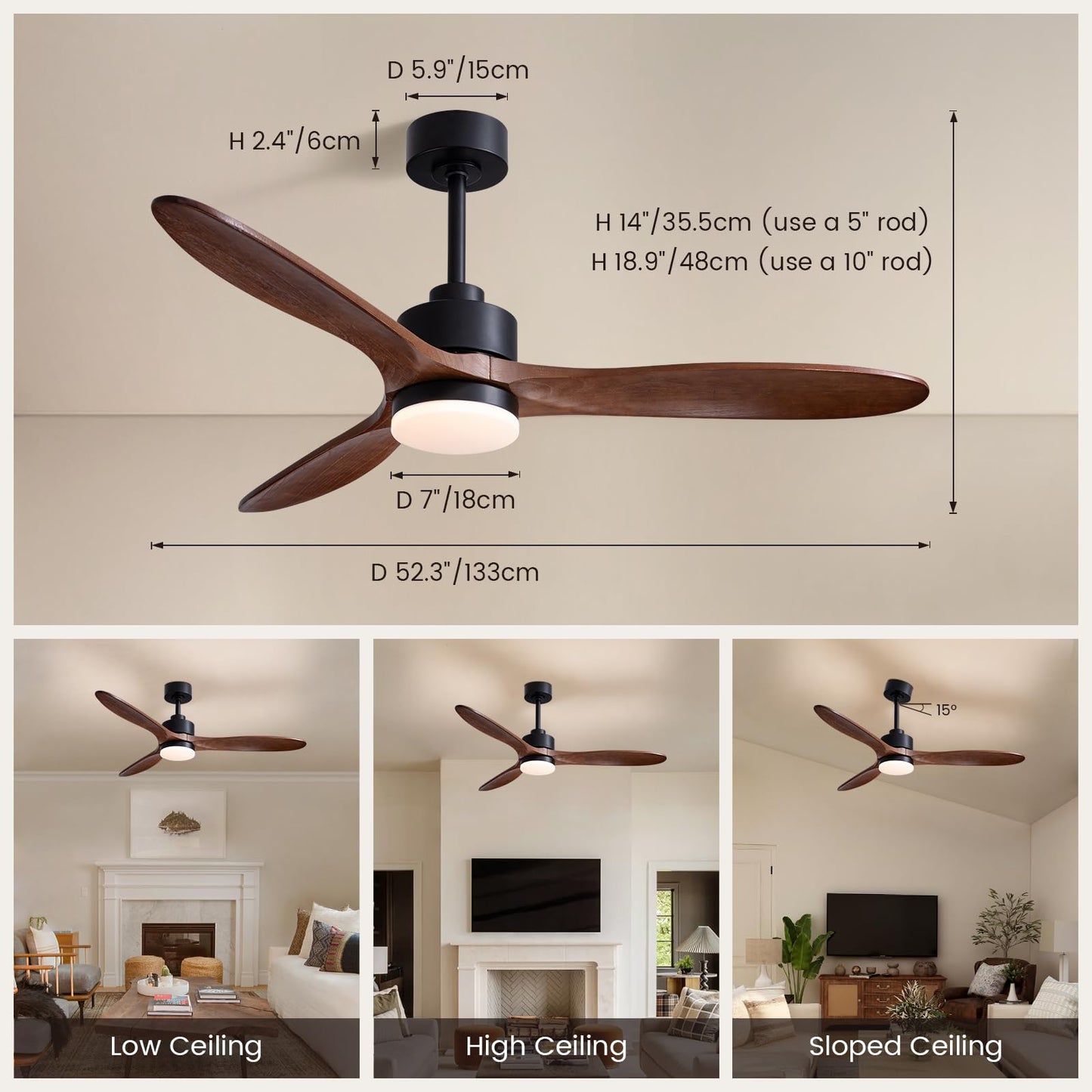 CROSSIO 52" Wood Ceiling Fan with Lights and Remote 3 Blades Modern Ceiling Fan 52inch Dark Brown Wood Fan Large Ceiling Fan with Lights Wooden Ceiling Fan for Bedroom Living Room Farmhouse Patio