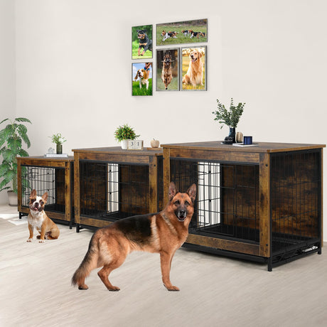 TLSUNNY Dog Crate Furniture, 44.1" Wooden Dog Crate Table, Indoor Dog Kennel with 2 Doors, Modern Dog Cage w/Pull-Out Removable Tray, Large/Medium/Small Dog House Furniture End Table, (Rustic) TLSUNNY