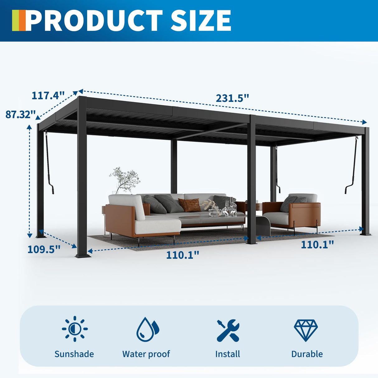 10X20 FT Pergola with Independent Adjustable Rainproof Roof, Outdoor Aluminum Louvered Pergola with Adjustable Top for Deck Garden Backyard PeakPursuit