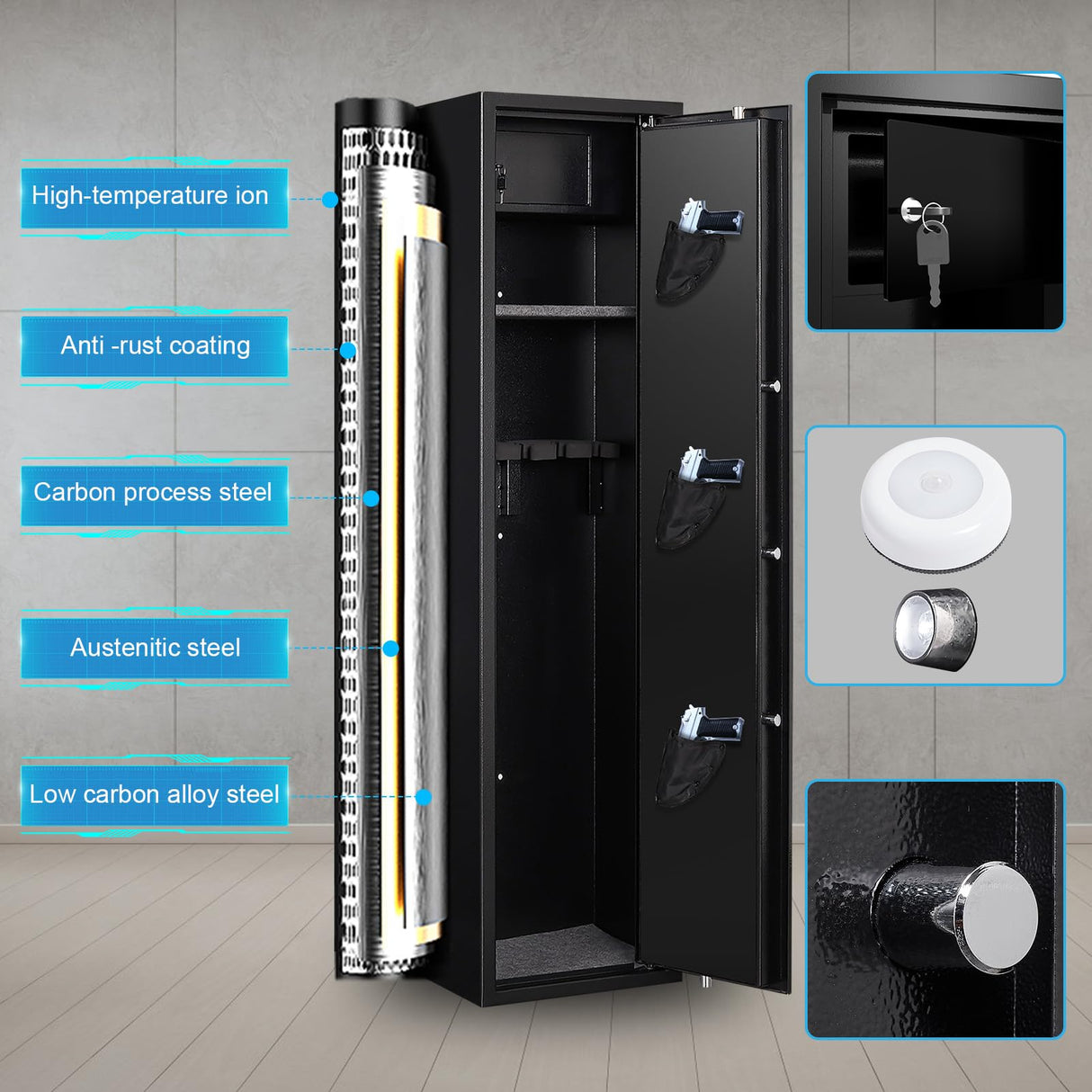 Marcree 5 Gun Safe for Rifles, Gun Cabinet with Drawer, Long Gun Safe with Dual Alarm System, Rifle Safes for Home, Shotgun Safe with LED Light, Rifle Safe with Mute Function Marcree