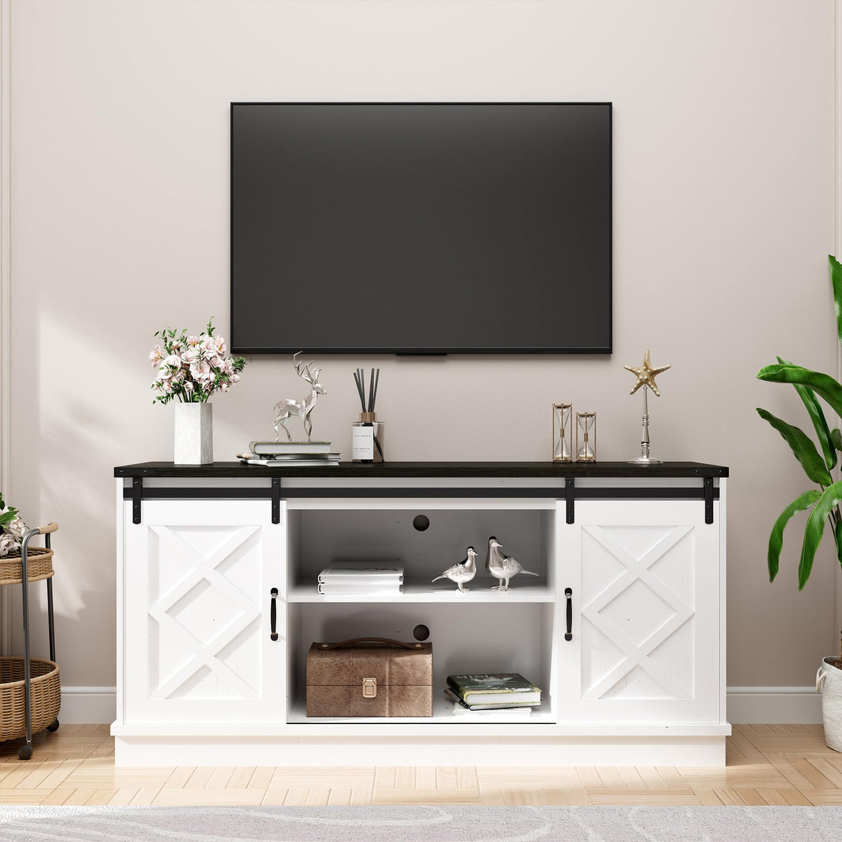 Boyel Living Farmhouse TV Stand for TVs up to 65 Inches,Farmhouse Entertainment Center with 2 Slicing Barn Door，Tv Consol for Living Room,Morden White Boyel Living