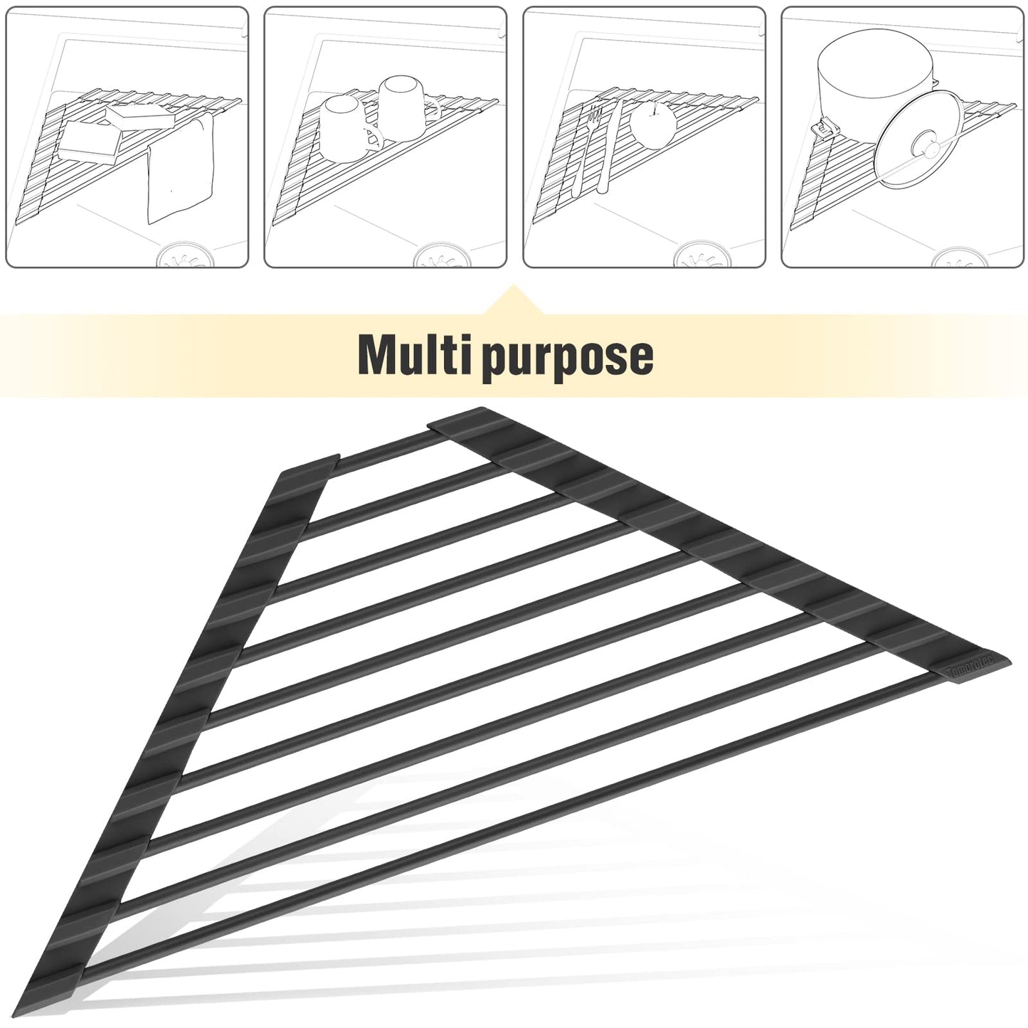 Tomorotec Small Triangle Roll-Up Dish Drying Rack with Silicone Coating Stainless Steel Frame for Sink Corners, Multipurpose Over-The-Sink Kitchen Drainer & Organizer for Space-Saving Storage (Black)