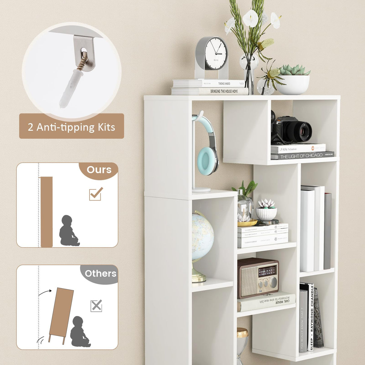 Giantex 47-Inch Bookshelf, Modern Wooden Geometric Bookcase with Open Shelves, Anti-Tipping Kits, Wood Book Case Shelf, Open Cube Storage Organizer Display Rack for Living Room Giantex