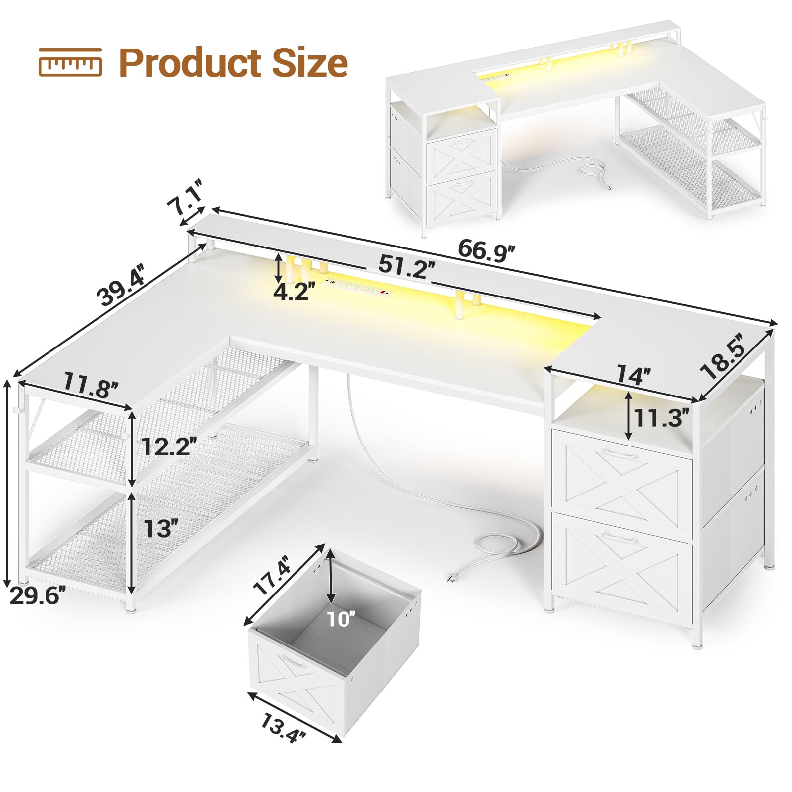 SEDETA 67" L Shaped Desk with Drawers, Computer Office Desk with Storage Shelves & Power Outlet, Reversible Gaming Desk with LED Lights for Home Office, White - WoodArtSupply