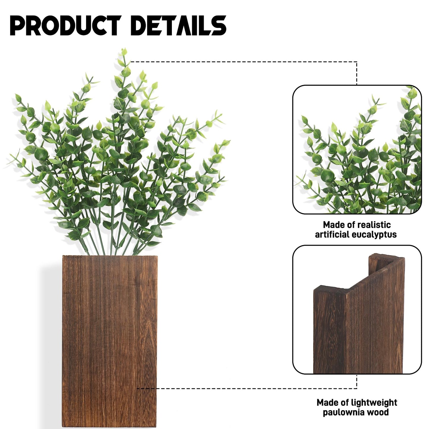 2 Pack Wood Wall Planter Vase with Artificial Eucalyptus, Modern Indoor Wall Hanging Decor for Home Living Room Bedroom Farmhouse Wooden Pocket Vases for Dried Flowers and Faux Greenery Plant - WoodArtSupply