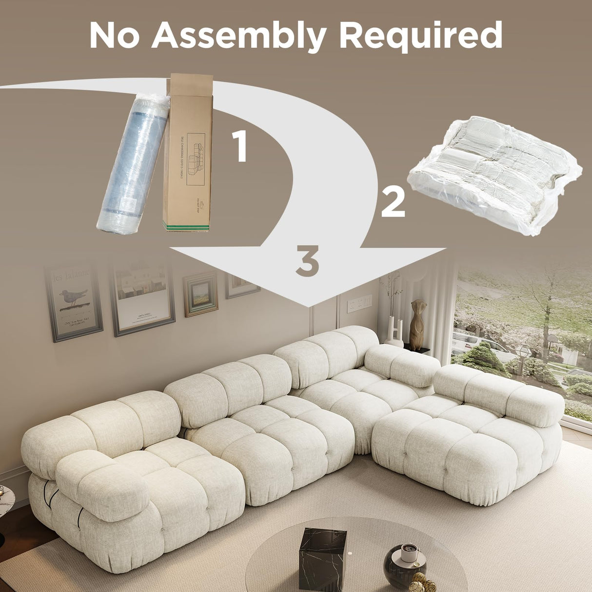 Jocisland 110'' Modular Compression Sectional Sofa Couches for Living Room Apartment, Oversize L Shaped Cloud Couch with Reversible Chaise Ottoman, Comfy Modern 4 Seater Boucle Floor Loveseat, Beige Jocisland