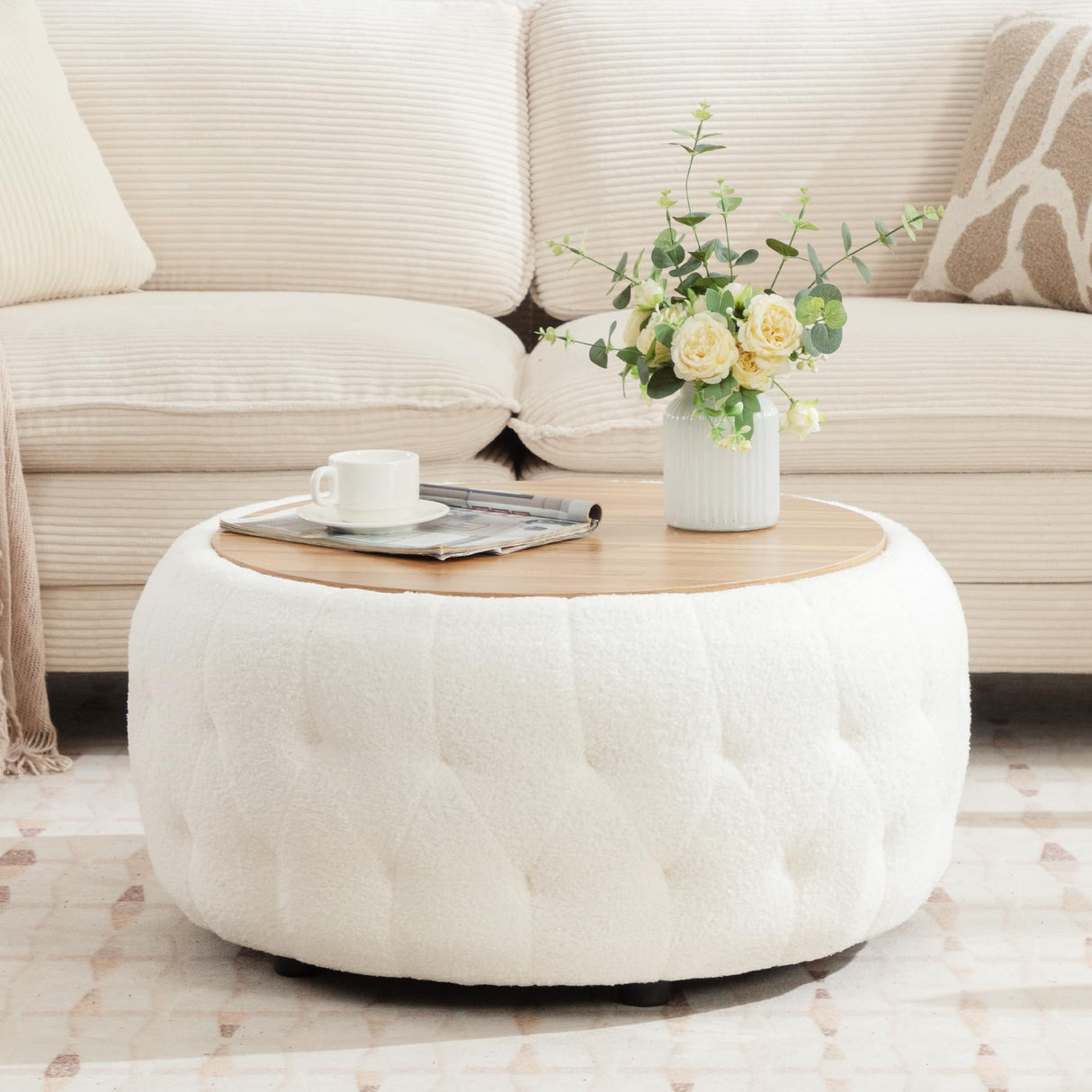 gusohey Large Round Storage Ottoman Coffee Table with Wooden Tabletop, 30.5 Inches Teddy Fleece Tufted Ottoman for Living Room, Bedroom, Apartments, White gusohey