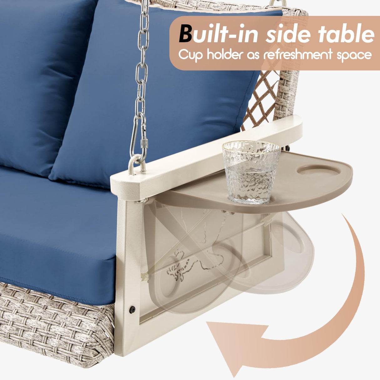 ZZW Upgraded Wicker Hanging Porch Swing, Heavy Duty 900 LBS 3-Seat Outdoor Patio Swing Chair Bench for Adult, w/ 8.9ft Hanging Chains, Cushions and Cup Holder(Grey/Blue) ZZW