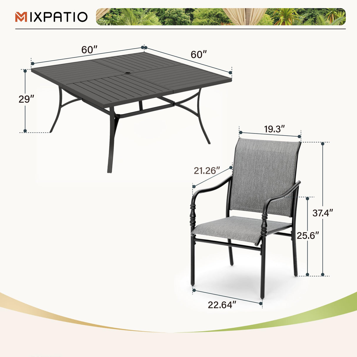 MIXPATIO 9 Piece Patio Dining Set, 8 x Textilene Dining Chairs, 60" Square Outdoor Dining Table with 1.57" Umbrella Hole, for Garden Lawn Porch and Backyard Poolside, Grey MIXPATIO