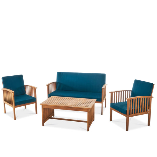 Christopher Knight Home Carolina Outdoor 4 Piece Patina Acacia Wood Sofa Conversation Patio Furniture Sets with Cushions, 27.50" D x 24.00" W x 33.25" H, Dark Teal/Brown - WoodArtSupply