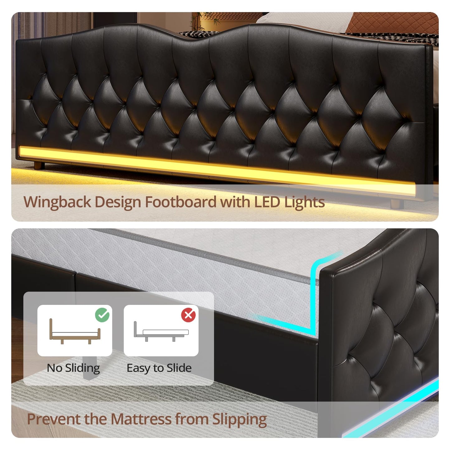 BTHFST King Size Bed Frame with Tall LED Headboard, Charging Station & Wingback Design in Black - WoodArtSupply