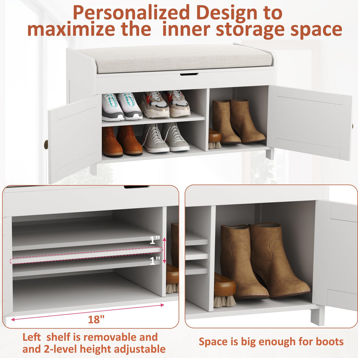 HOMEFORT Entryway Bench with Lift Top Storage,Shoe Storage Bench with Cushioned Seat,Wood Shoe Cabinet Bench,Bench for Bedroom End of Bed,Entry Hidden Shoe Bench for Mudroom,Hallway, White HOMEFORT