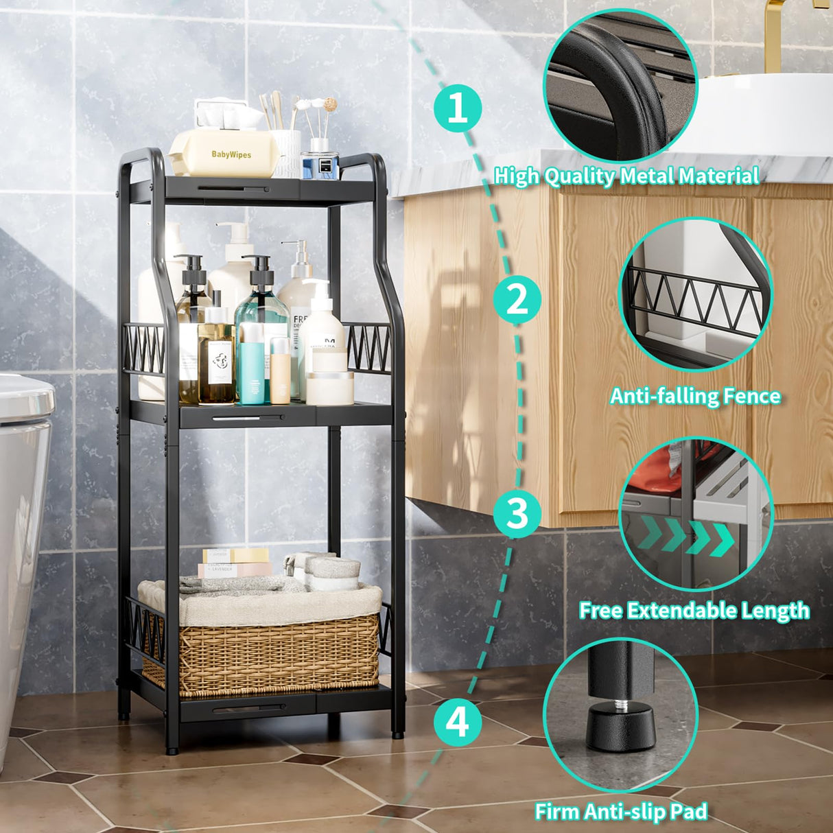 HapiRm Bathroom Shelf Unit Organizer - 3 Tier Expandable Narrow Shelf, Metal Free-Standing Shelves, Open Floor Rack Slim Storage Cabinet, Ideal for Bathroom, Laundry, Kitchen Organization (Black) HapiRm