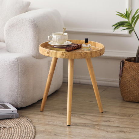 HuiDao Round Side Table, Boho Circle End Table Coffee Table with Solid Wood Leg, Rattan Side Tables Living Room for Small Spaces, Bedroom, Corners HuiDao