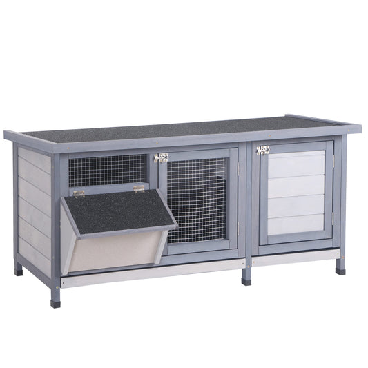 PawHut Wooden Rabbit Hutch Bunny Hutch Cage Guinea Pig with Waterproof Roof, No Leak Tray and Feeding Trough, Indoor/Outdoor, Gray - WoodArtSupply