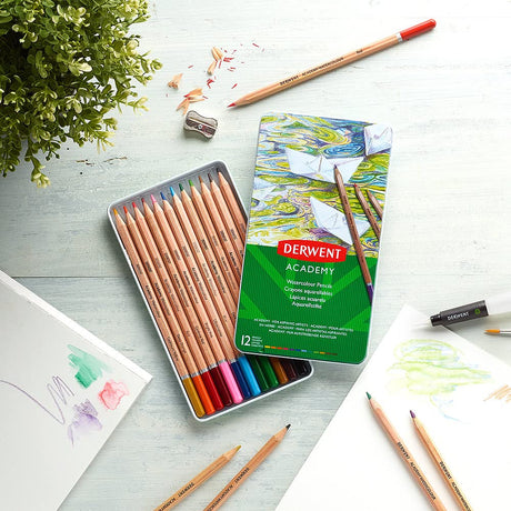 Derwent Academy Watercolor Pencils, 3.3mm Core, Metal Tin, 12 Count (2301941) Derwent Academy
