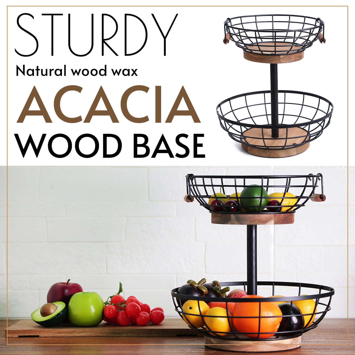 WILDMOS 2-tier Fruit Basket Bowl,Metal Basket with Wooden Base,Fruit and Vegetable Storage with Banana Hanger,Fruit Basket for Kitchen Counter Organizer. - WoodArtSupply