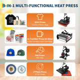 Pro 9 in 1 Heat Press 15x15 Inch 30OZ Tumbler Press, 360-Degree Swing Away Digital Tshirt Press Multifunction Heat Transfer Machine Sublimation for T-Shirt Tumbler Mug Hat Cap Plate PioneerWorks
