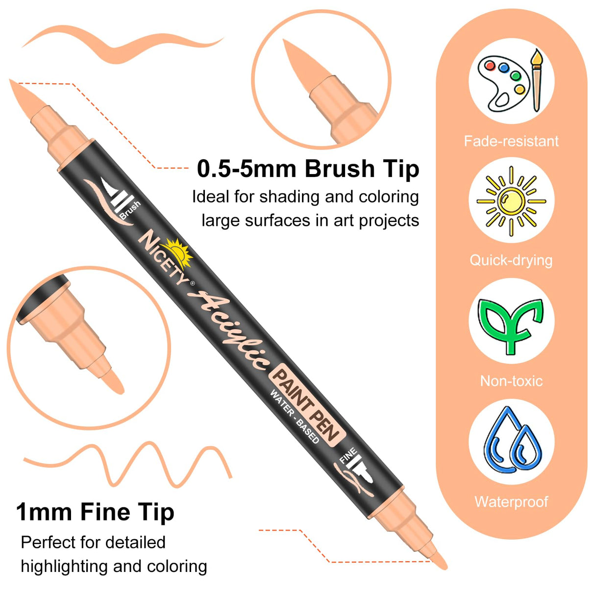 NICETY 32 Acrylic Paint Markers Paint Pens Skin Tone Series Set Brush Tip & Fine Tip for Rock Painting, Wood, Canvas, Glass, Mugs, Metal, DIY Projects(Skin) NICETY