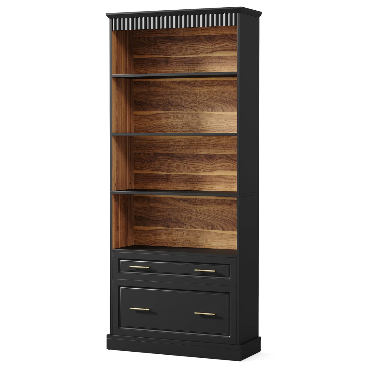 LITTLE TREE 72" Tall Black Bookcase, 5-Tier Office Bookself with File Cabinet Drawers,Modern Floor Standing Storage Filing Cabinet Book Shelf for Living Room,Bedroom LITTLE TREE