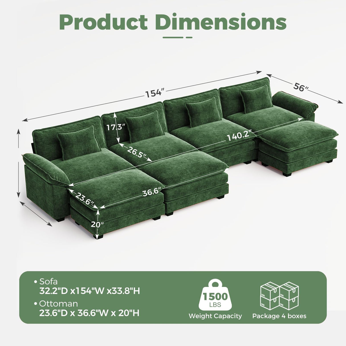 CDCASA 154" Oversized Modular Sectional Sofa, Comfy U-Shaped Cloud Couch w/ 3 Movable Ottoman, 7-Seater Chenille Deep Seat Modern Sofa Couch for Living Room, DIY Combination, Green CDCASA