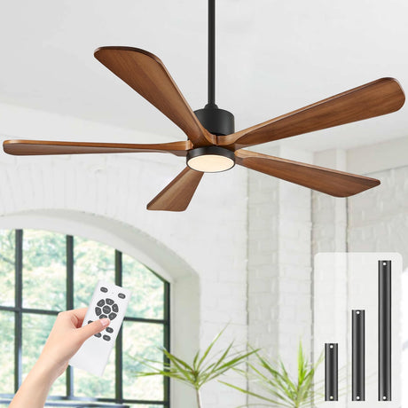 BOOSANT 5 Blade Ceiling Fans with Lights, 60 inch Outdoor Ceiling Fans with Remote Control for Patio Bedroom, Modern Ceiling Fan with Light, 5 Solid Wood Blades 6-Speed Reversible DC Motor(Walnut) BOOSANT