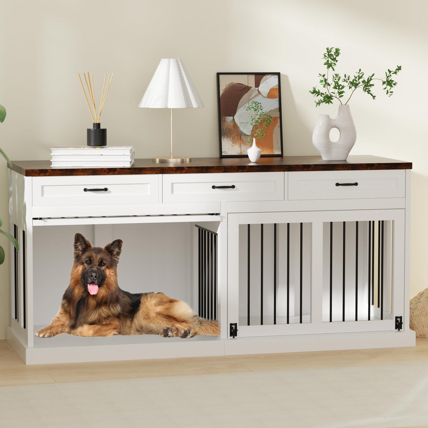 71 inches Extra Large Dog Crate Furniture for 2 Dogs Indoor Wooden Dog Kennel Furniture Large Breed Heavy Duty Dog Crates TV Stand with Removable Divider White