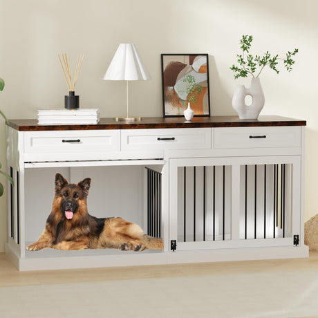 71 inches Extra Large Dog Crate Furniture for 2 Dogs Indoor Wooden Dog Kennel Furniture Large Breed Heavy Duty Dog Crates TV Stand with Removable Divider White NEBZHASK