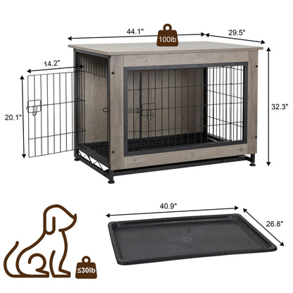 JY QAQA Dog Crate Furniture, Wooden Dog Crate Table, Double-Doors Dog Furniture, Indoor Dog Kennel, Dog House, Dog Cage/Grey/XL - WoodArtSupply