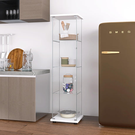 Yoluckea Glass Cabinet, 4 Shelves Glass Display Cabinet with Door, Curio Cabinet Collection Glass Display Case for Home Office, Floor Standing Bookshelf Corner Cabinet for Book, Toys, Glory (White) Yoluckea