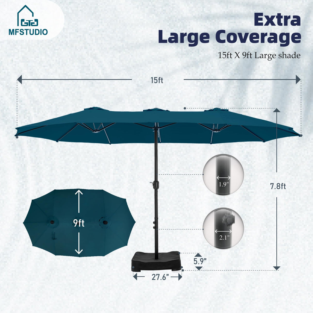 MFSTUDIO 15ft Double Sided Patio Umbrella with Base Included, Outdoor Large Rectangular Market Umbrellas with Crank Handle for Deck Pool Shade, Cerulean MFSTUDIO