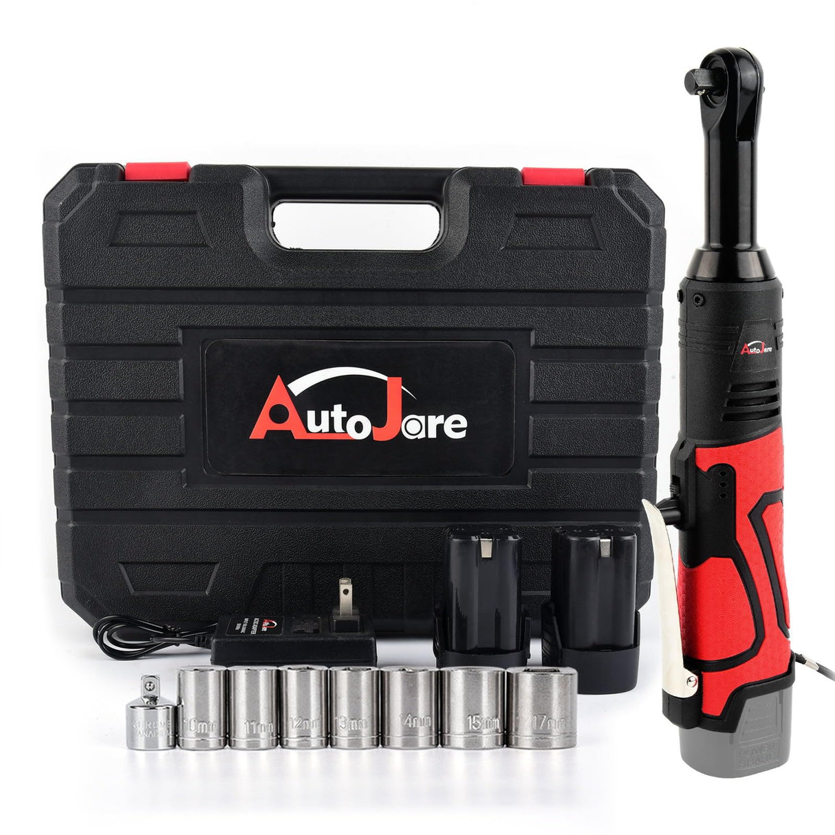 AUTOJARE Extended 18V Cordless Electric Ratchet Wrench Set 3/8" Drive 450RPM Power Ratchet Tool Kit 60 ft-lbs Cordless Ratchet Kit with 1/4" Socket Adapter, 7pcs Socket, Charger and 2pcs Batteries AUTOJARE
