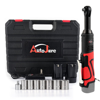 AUTOJARE Extended 18V Cordless Electric Ratchet Wrench Set 3/8" Drive 450RPM Power Ratchet Tool Kit 60 ft-lbs Cordless Ratchet Kit with 1/4" Socket Adapter, 7pcs Socket, Charger and 2pcs Batteries