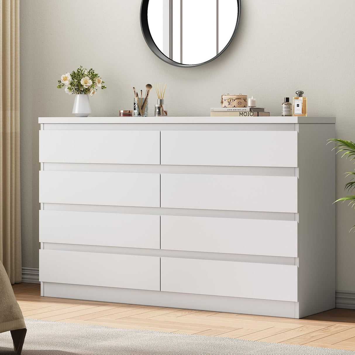 Jocoevol Modern White 8 Drawer Dresser for Bedroom, 15.3" D x 55.2" W x 32.3" H Simply Chest of Drawers, Wood Storage Dresser with Deep Drawers for Living Room Hallway Entryway, White Jocoevol