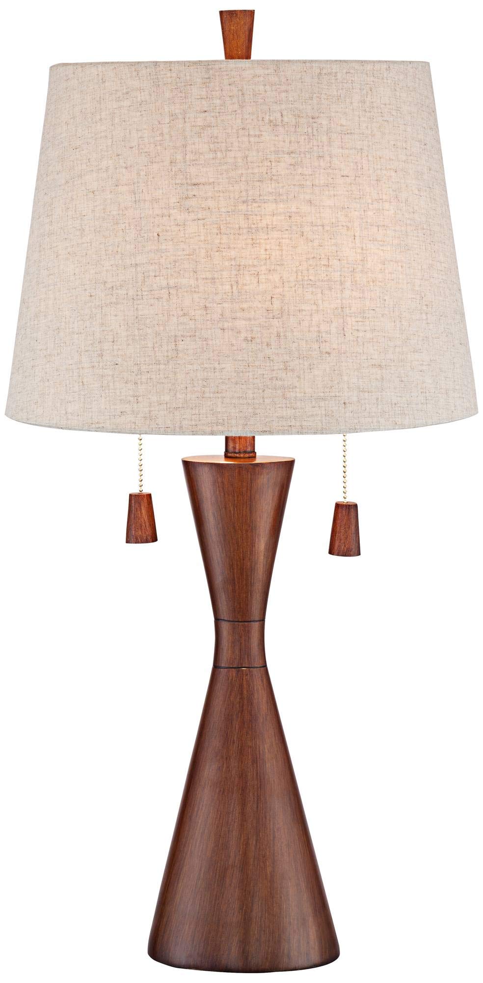 360 Lighting Omar Modern Table Lamp 28 3/4" Tall Warm Brown Wood Hourglass Oatmeal Fabric Tapered Drum Shade for Bedroom Living Room House Home Bedside Nightstand Office Entryway Kids Family 360 Lighting