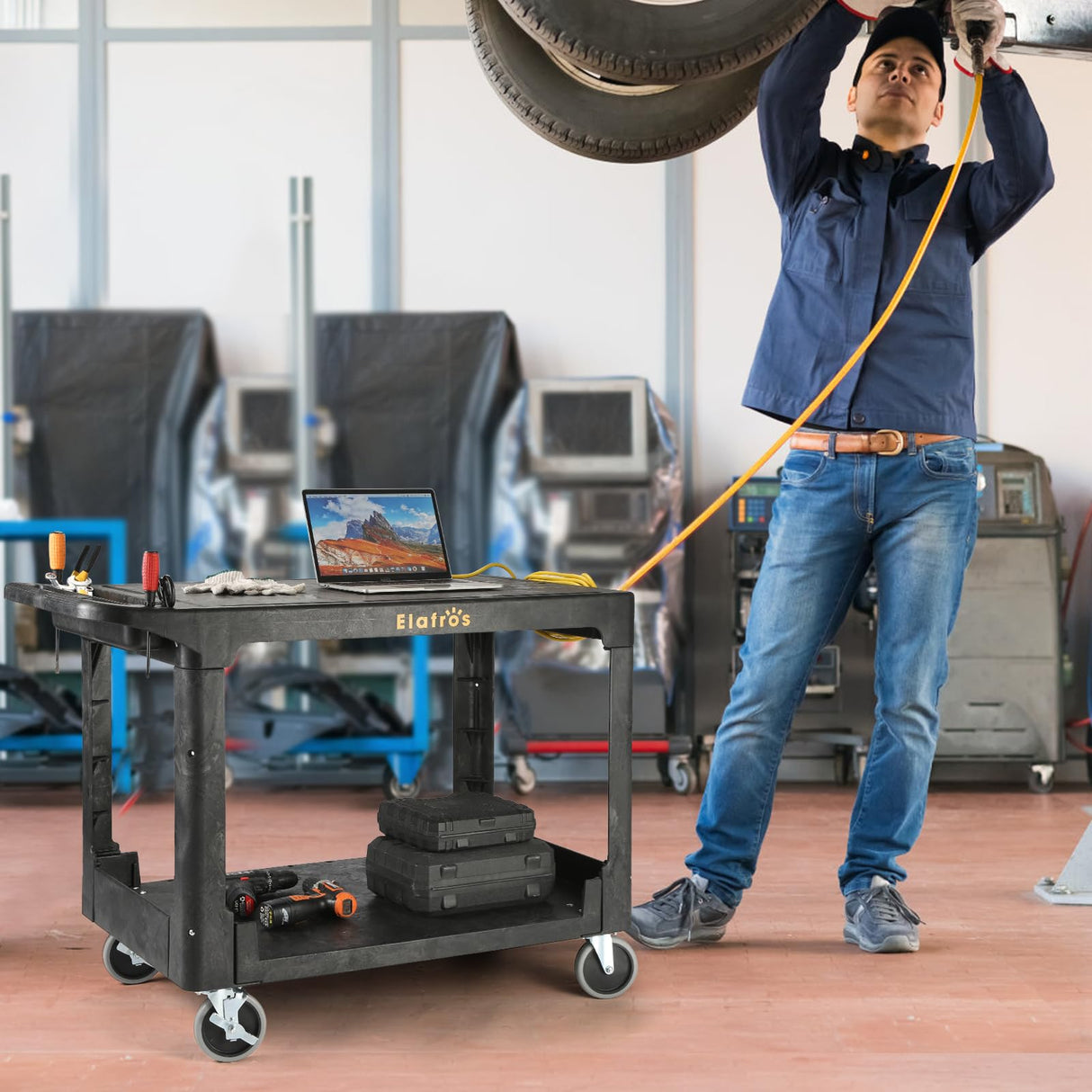 ELAFROS Large Heavy Duty Plastic Utility Cart Flat top 42.5 x 25 Inch - Work Cart Flat Shelves and Full Swivel Wheels Holds up to 550 lbs - 2 Tier Service Cart for Warehouse,Garage, Cleaning Black ELAFROS