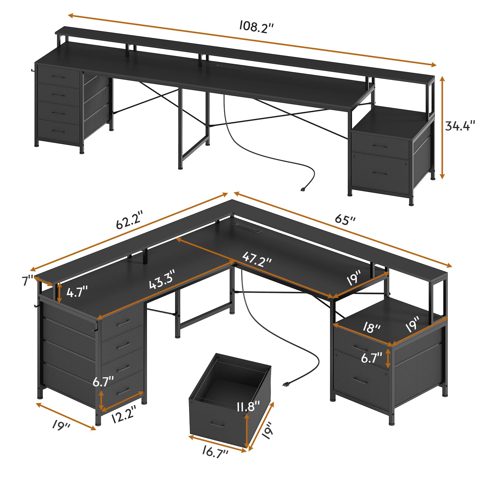 SEDETA L Shaped Desk with 6 Drawer, 108" Home Office Desk with File Drawer & Power Outlet, Corner Computer Desk with Monitor Shelf, File Cabinet, Two Person Desk, Gaming Desk with Led Lights, - WoodArtSupply